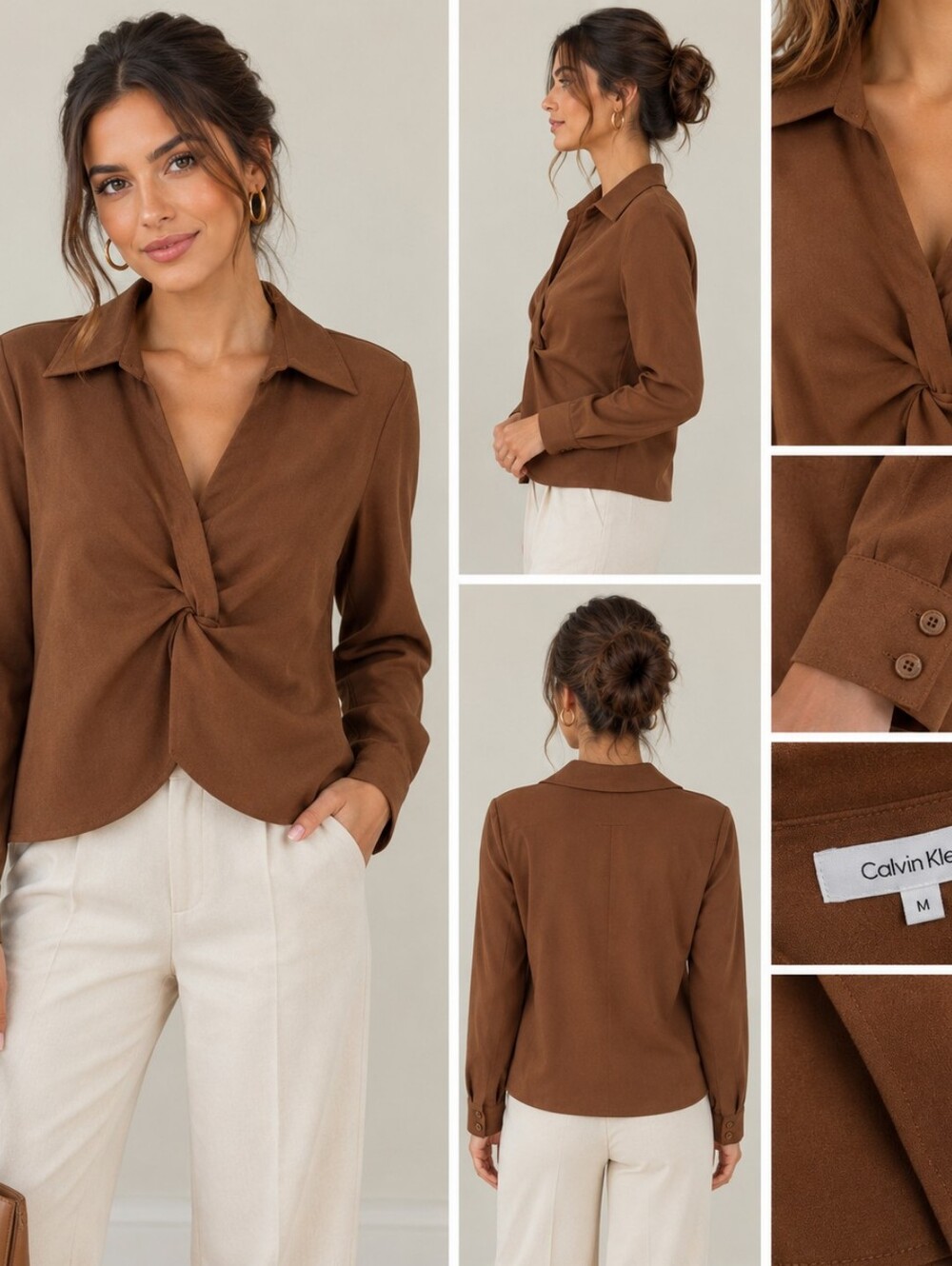 WOMENS Calvin Klein Brown Twist-Front Long Sleeve Blouse- Size MEDIUM